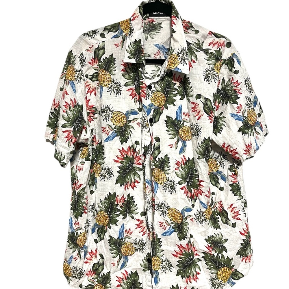Men's White Hawaiian Pineapple Print Short-Sleeve Shirt Size XL Tropical light